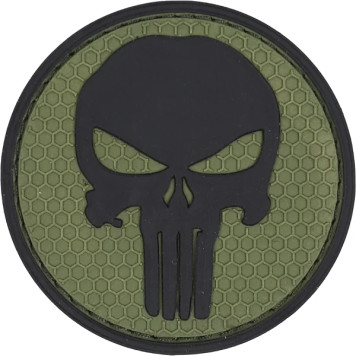 PVC Skull Patch with Hook Fastener - Black Background Olive Circle